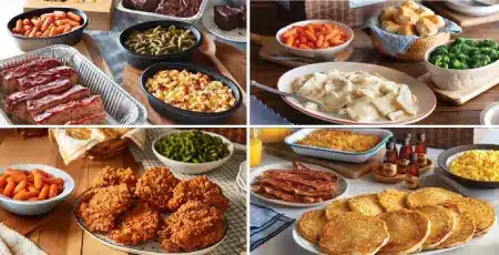 "Cracker Barrel breakfast family meals to-go with big portions of pancakes, scrambled eggs, bacon, sausage, biscuits, and gravy for group dining"

