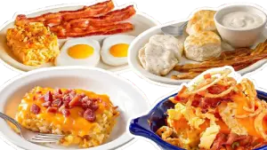 "Cracker Barrel breakfast menu with country favorites like pancakes, bacon, sausage, eggs, biscuits, and hashbrown casserole"

