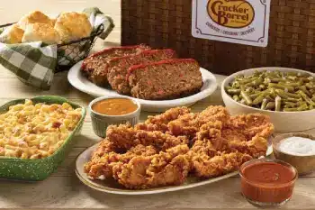 Cracker Barrel Summer 2025 Lunch Specials featuring classic Southern meals like Chicken n’ Dumplins, Meatloaf, and Country Combos served with sides.

